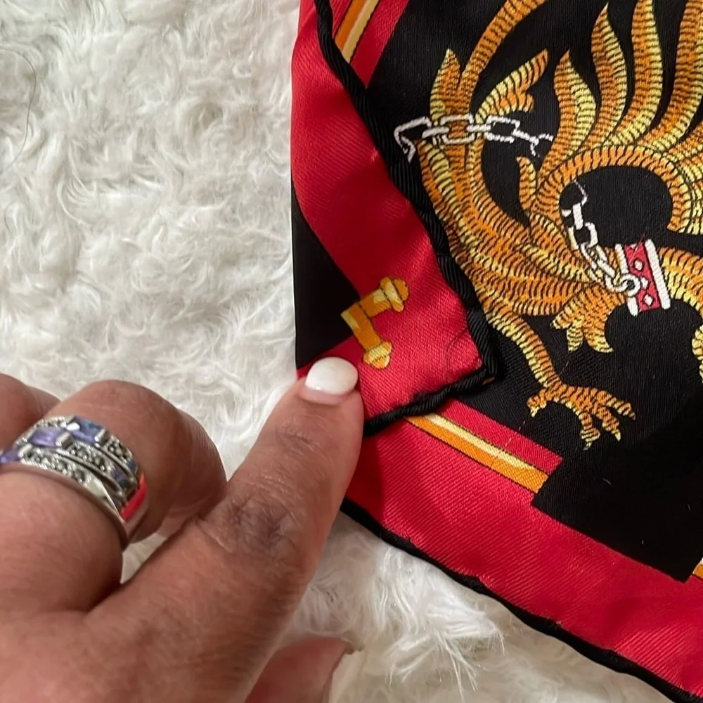 Black and Red Silk Scarf with Gold Accents